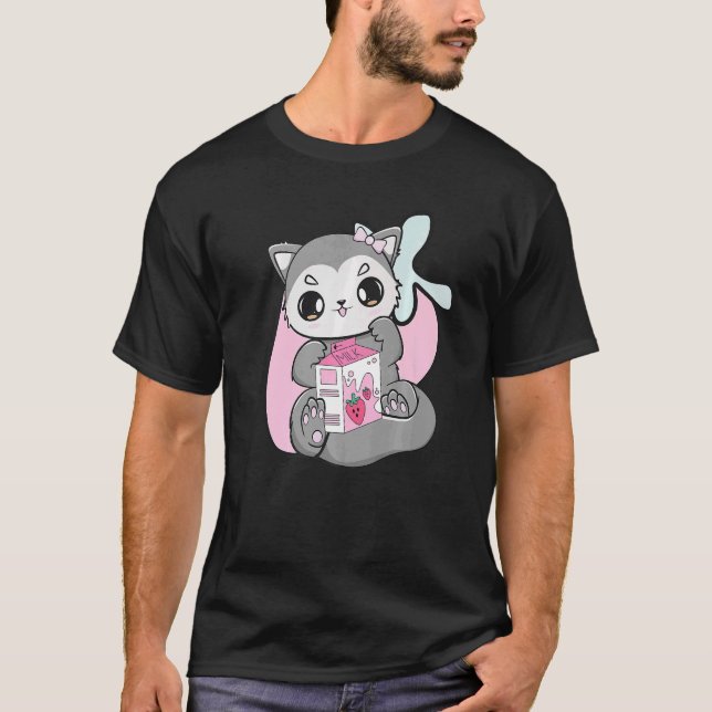Wolf Strawberry Milk Bubble Tea For Boba T-Shirt (Front)