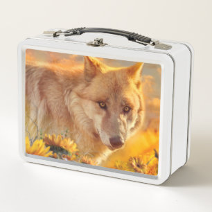 WOLF SUNRISE SPRING FLOWERS METAL LUNCH BOX