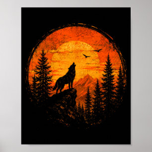 Wolf sunset mountain forest wilderness nature poster