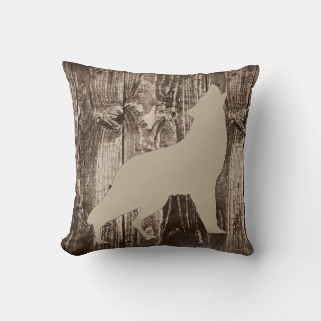Wolf (Tan Brown) Wildlife on Rustic Wood Cabin Cushion (Front)