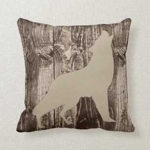 Wolf (Tan Brown) Wildlife on Rustic Wood Cabin Cushion