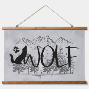 Wolf Text Graphic Art Animal Nature Mountains Hanging Tapestry