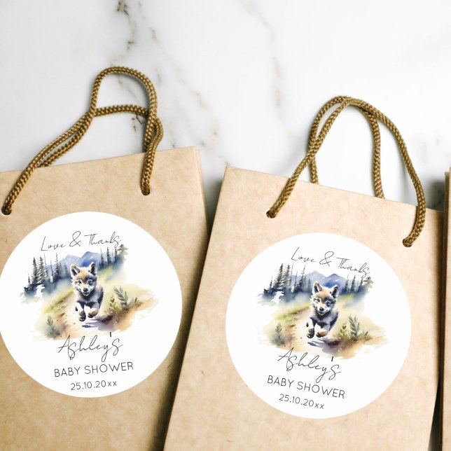 Wolf themed adventure awaits baby shower favour classic round sticker (Wolf themed baby shower thank you favor gift tags  watercolor cute wolf cub Alaskan wilderness)