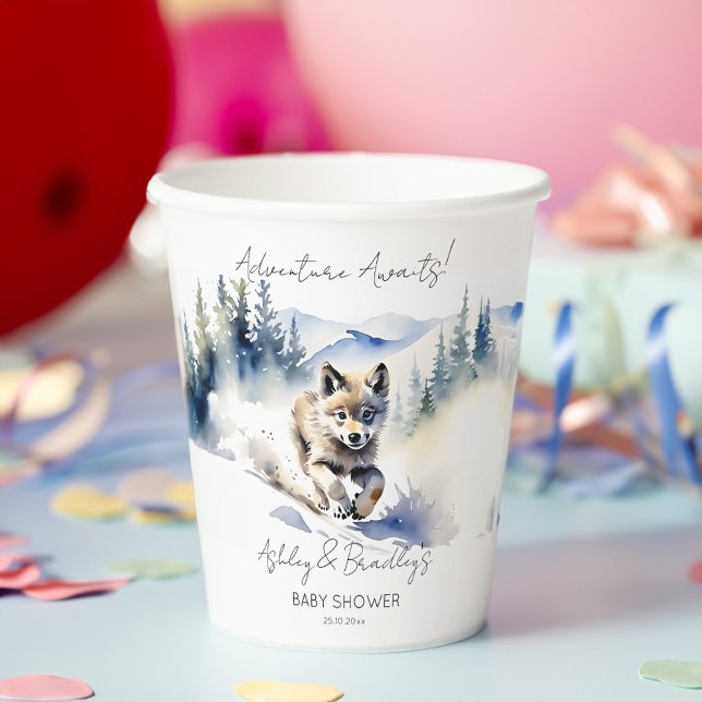 Wolf themed adventure awaits baby shower paper cups (Wolf themed baby shower tableware personalized paper cups watercolor cute wolf cub in winter)