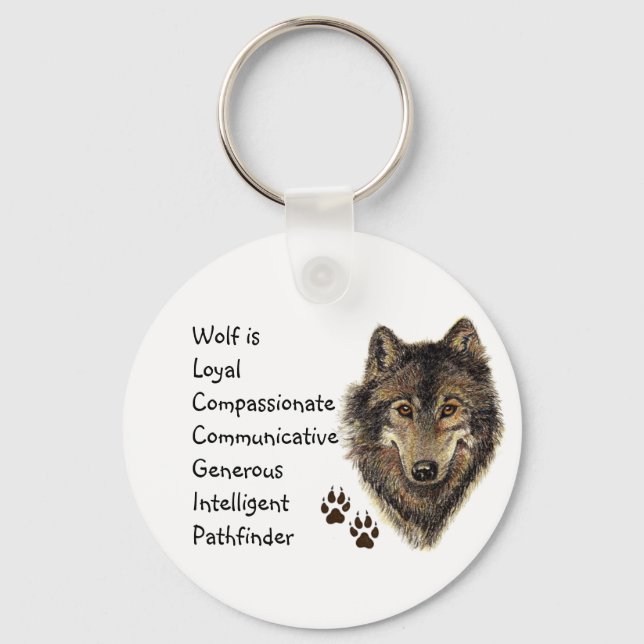 Wolf Totem, Animal Guide Inspirational Grey Wolf Key Ring (Front)
