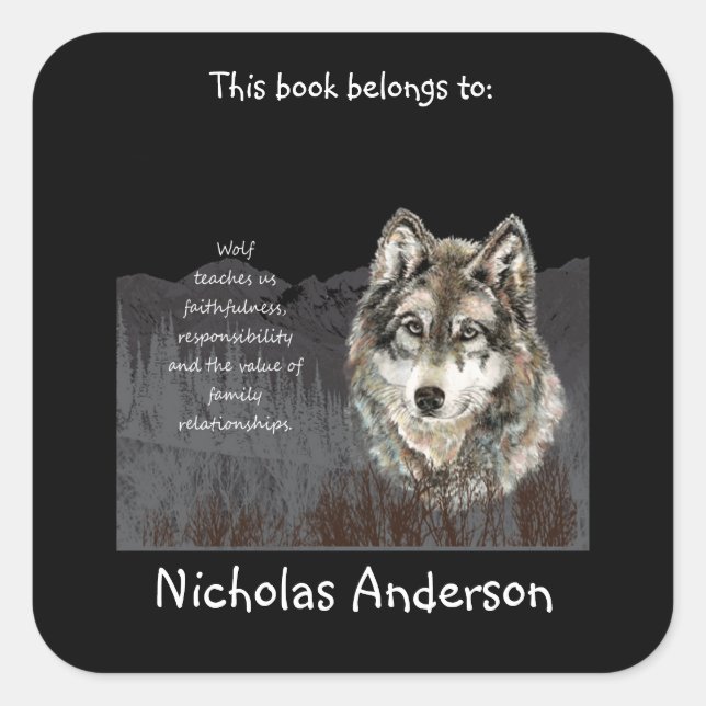 Wolf Totem Animal Spirit Guide Bookplate Square Sticker (Front)