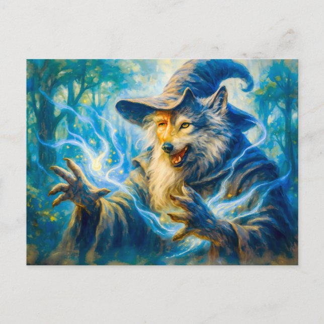Wolf-transforming mage in fantasy oil style holiday postcard (Front)