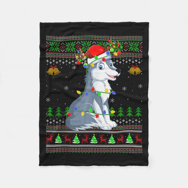 Wolf Ugly Christmas Sweaters Holiday Santa Cute Xm Fleece Blanket (Front)
