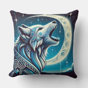 Wolf Under the Crescent Moon at Night Cushion