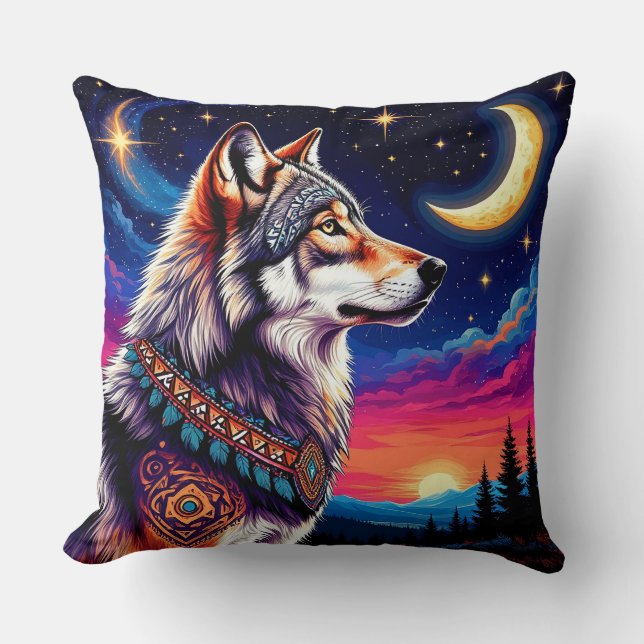 Wolf Under the Crescent Moon at Night Cushion (Front)