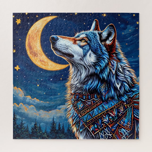 Wolf Under the Crescent Moon at Night Jigsaw Puzzle (Vertical)