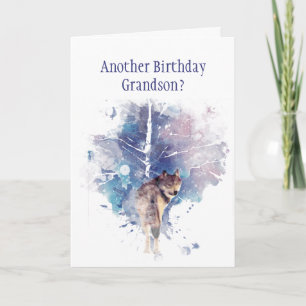 Wolf Watercolor Grandson Birthday Humor  Card