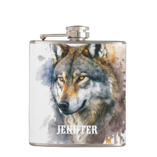 Wolf Watercolour Painting Hip Flask