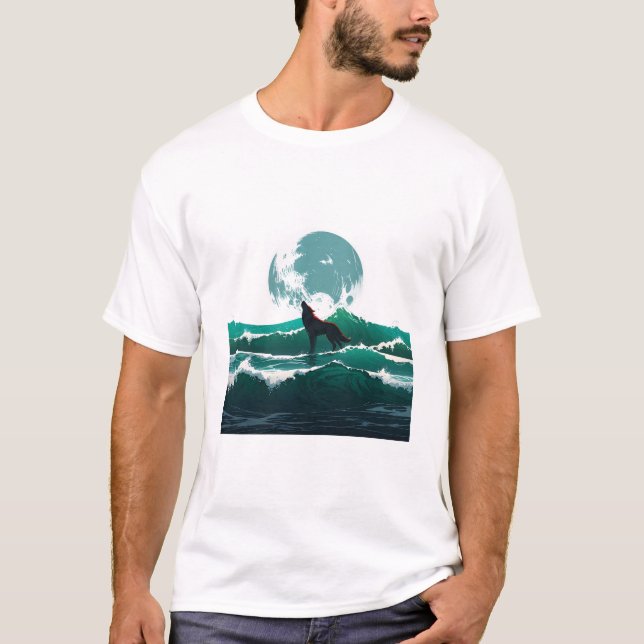 Wolf Wave Art - Ukiyo-e Moonlight Design T-Shirt (Front)