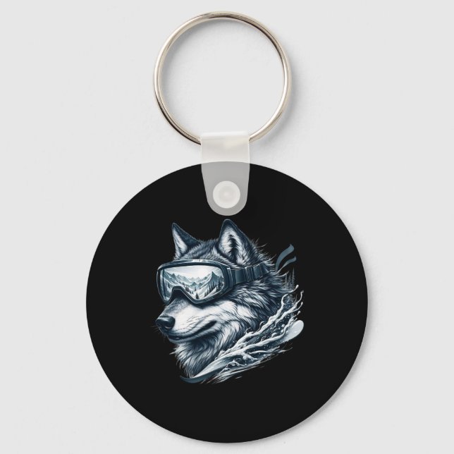 Wolf Wearing Ski Snowboard Goggles Wolf Skiing  Key Ring (Front)