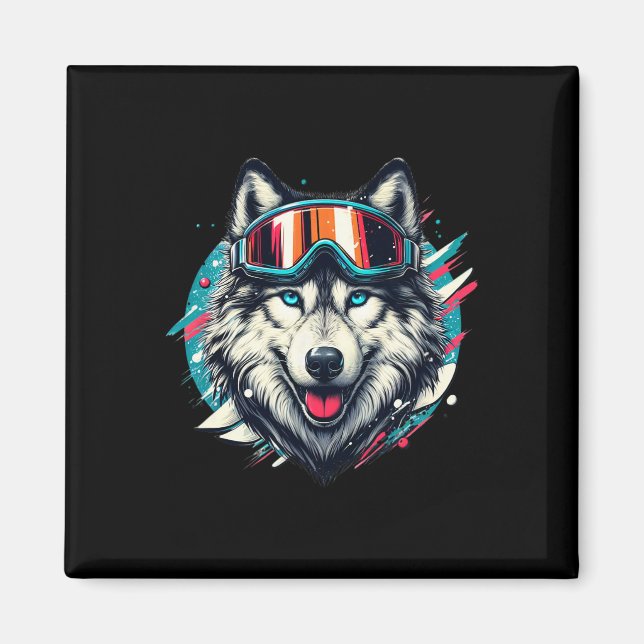Wolf Wearing Ski Snowboard Goggles Wolf Skiing Lov Magnet (Front)