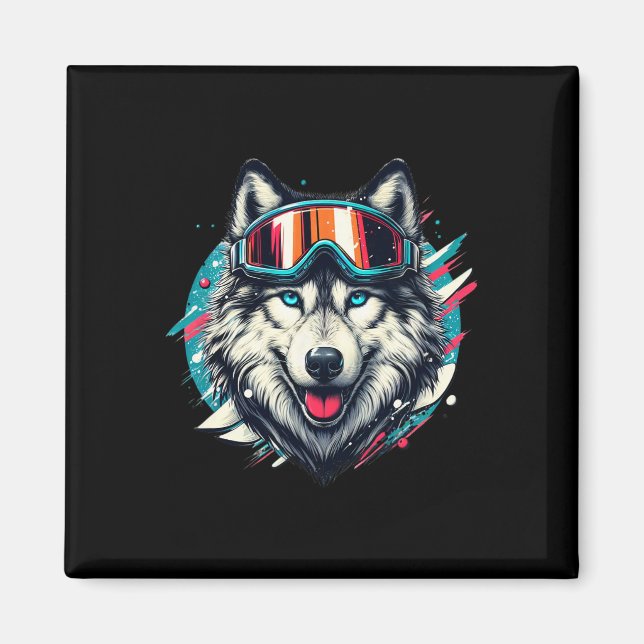 Wolf Wearing Ski Snowboard Goggles Wolf Skiing Lov Magnet (Front)