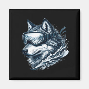 Wolf wearing ski snowboard goggles wolf skiing magnet