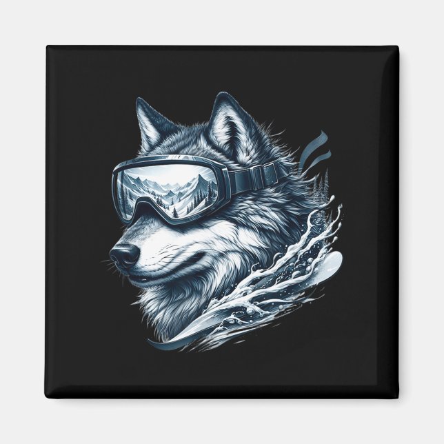 Wolf wearing ski snowboard goggles wolf skiing  magnet (Front)