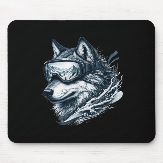 Wolf Wearing Ski Snowboard Goggles Wolf Skiing  Mouse Mat (Front)
