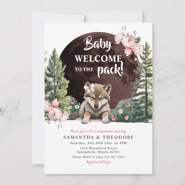 Wolf Welcome To The Pack Floral Girl Baby Shower Invitation (Front)
