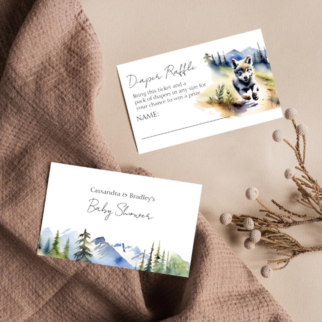 Wolf wild adventurre baby shower diaper raffle enclosure card (Wolf themed baby shower diaper raffle card watercolor cute wolf cub running down the hill adventure)