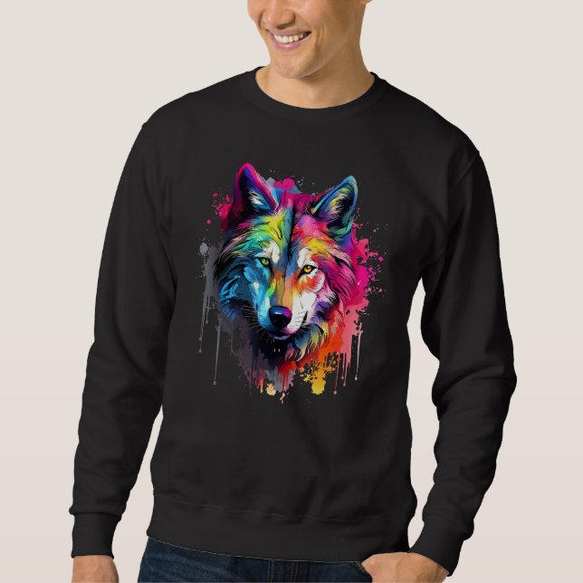 Wolf Wildlife Animals Lover Colourful Splash Art Sweatshirt (Front)