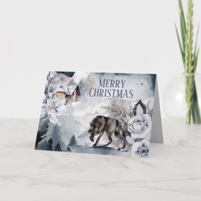 Wolf winter log cabin country woodland snow scene card (Front)