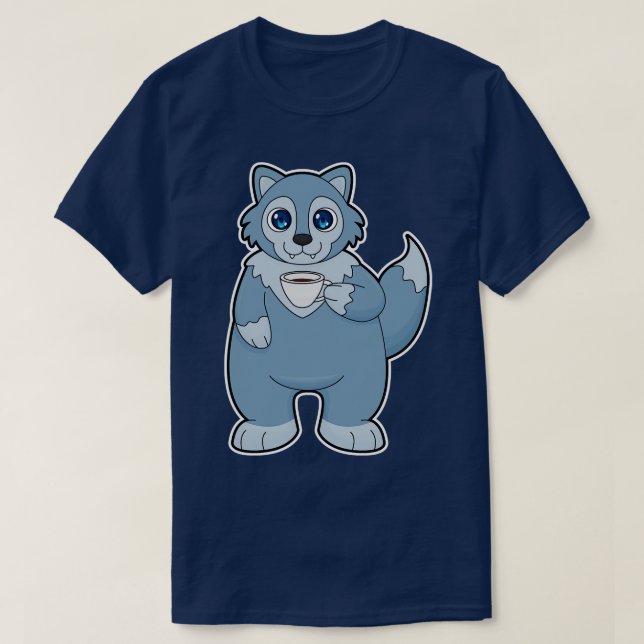 Wolf with Cup of Coffee T-Shirt (Design Front)