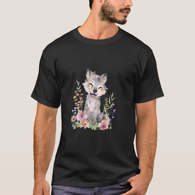 wolf with flowers cute wolves animal moon boy T-Shirt (Front)