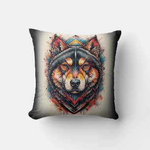 Wolf with Geometric Elements and Vibrant Colours Cushion