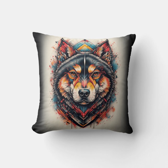 Wolf with Geometric Elements and Vibrant Colours Cushion (Front)