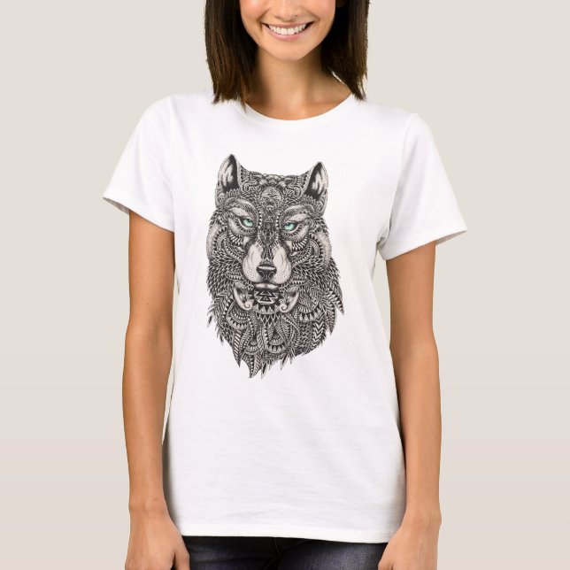 Wolf With Green Eyes Detailed Illustration T-Shirt (Front)