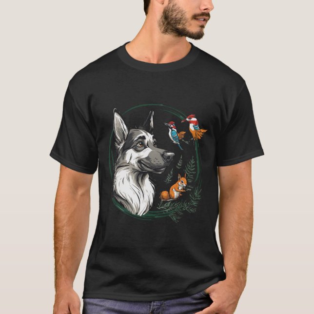 Wolf with Squirrel and Colourful Birds T-Shirt (Front)