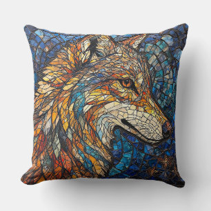 Wolf with Vibrant Colourful Glass Pieces Cushion