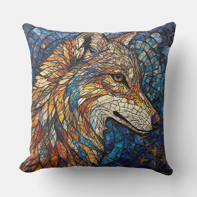 Wolf with Vibrant Colourful Glass Pieces Cushion (Front)
