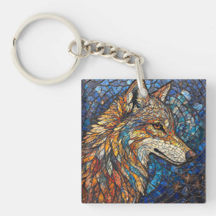 Wolf with Vibrant Colourful Glass Pieces Key Ring