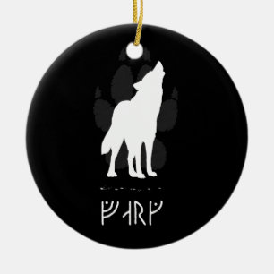 Wolf with viking runes ceramic tree decoration
