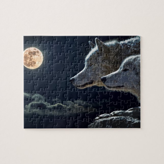 Wolf Wolves Howling at the Full Moon at Night Jigsaw Puzzle (Horizontal)