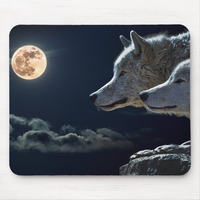 Wolf Wolves Howling at the Full Moon at Night Mouse Mat (Front)