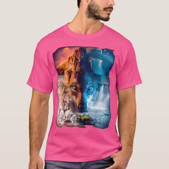 Wolf Wolves Moon Sun Yin Yang Ice Fire Snowy Tropi T-Shirt (Front)