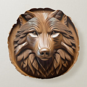 Wolf Wood Carving, Round Cushion