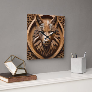 Wolf Wood Carving, Square Wall Clock