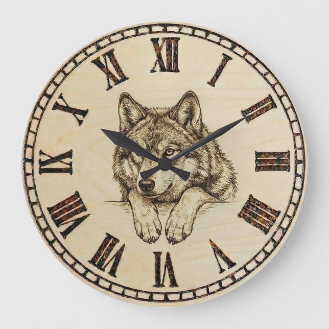 Wolf wooden wall clock  (Front)