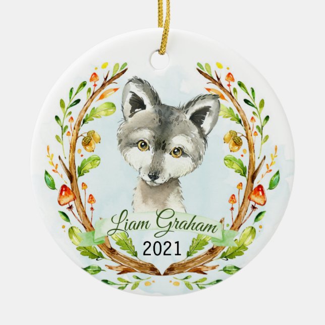 Wolf Woodland Christmas Holiday Keepsake Ceramic Tree Decoration (Front)