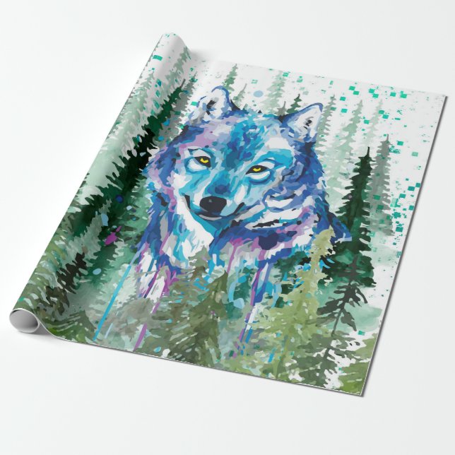 Wolf Wrapping Paper | Colourful Watercolor Wolf  (Unrolled)