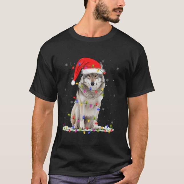 Wolf Xmas Lighting Santa Hat Wolf Christmas  T-Shirt (Front)