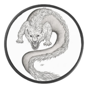 Wolfdragon black and white design hockey puck