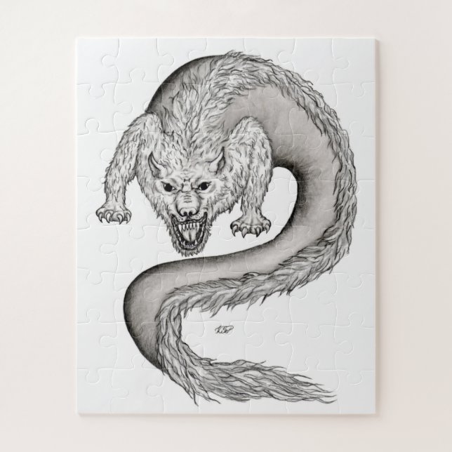 Wolfdragon black and white design jigsaw puzzle (Vertical)