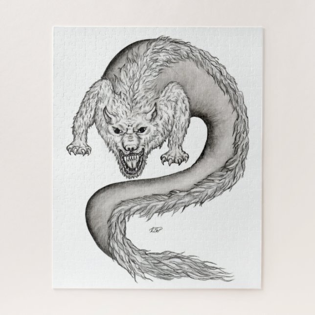Wolfdragon black and white design jigsaw puzzle (Vertical)